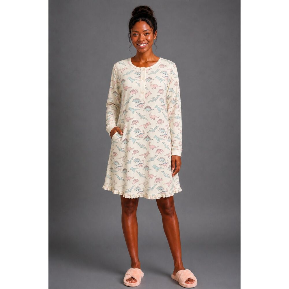SweetHoney Women's Dinosaur Print Henley Nightshirt Nightgown Cream Sz M NWT